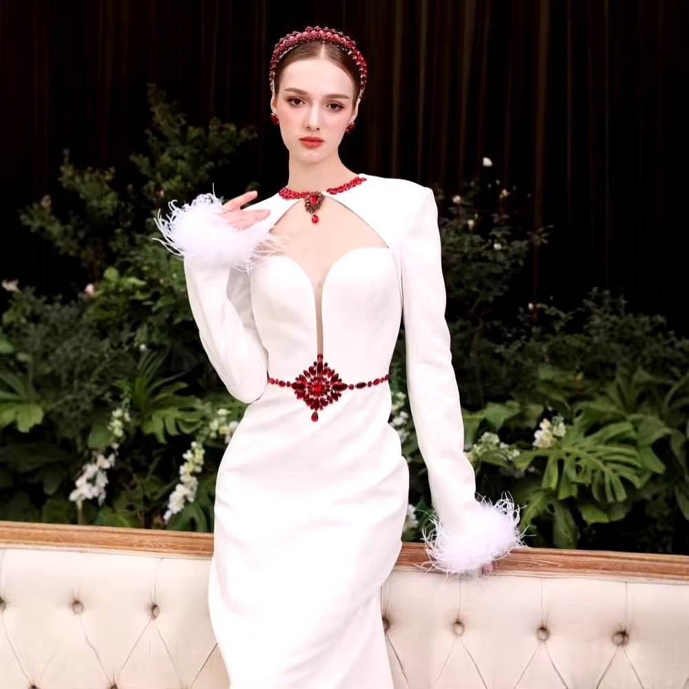 White Feathers Cocktai Bandage Prom Dresses Long Sleeve Tight Crystal - REBECATHELABEL