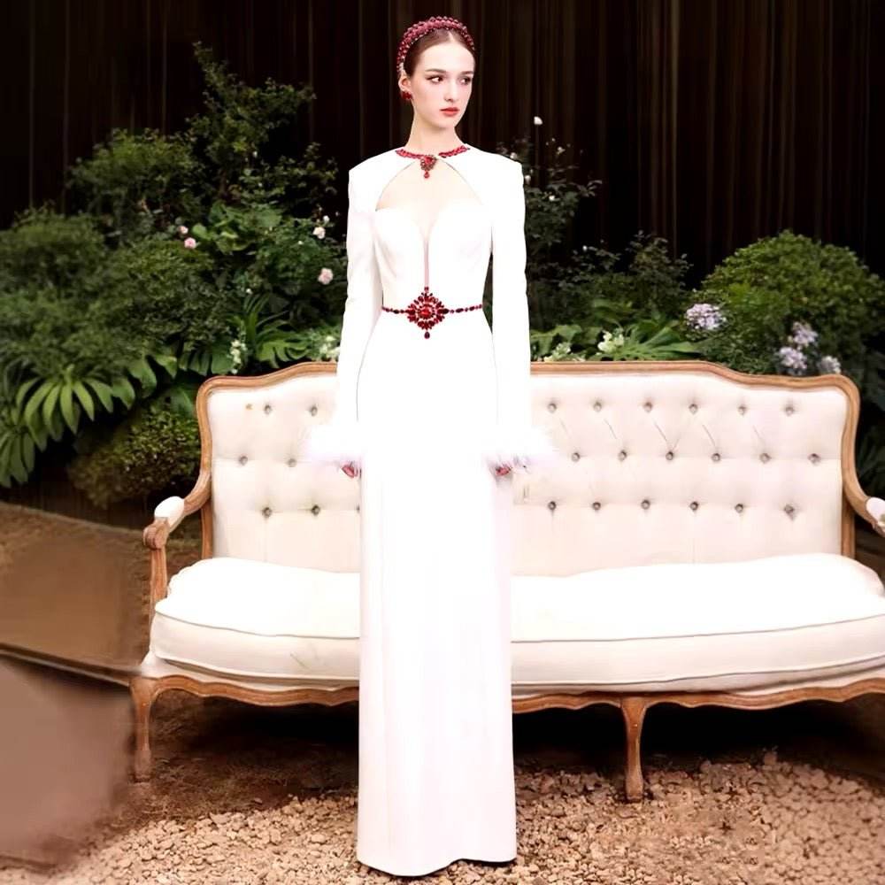 White Feathers Cocktai Bandage Prom Dresses Long Sleeve Tight Crystal - REBECATHELABEL