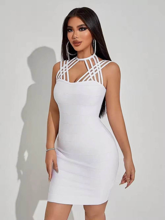 White Hollow Cross Spaghetti Strap Design Tight Bandage Mini Dress - REBECATHELABEL