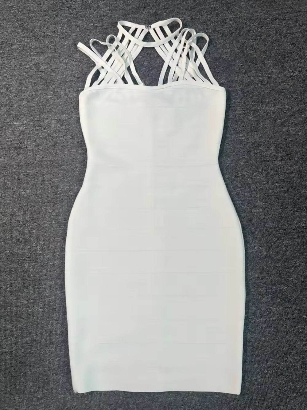 White Hollow Cross Spaghetti Strap Design Tight Bandage Mini Dress - REBECATHELABEL
