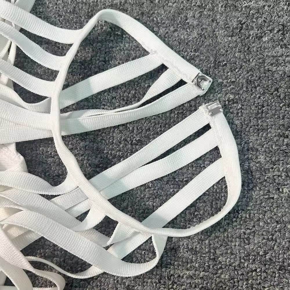 White Hollow Cross Spaghetti Strap Design Tight Bandage Mini Dress - REBECATHELABEL