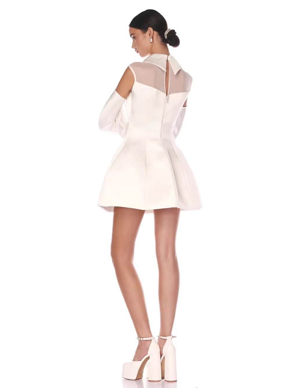 White Pearl Chain Ball Gown Mini Dress With Gloves - REBECATHELABEL