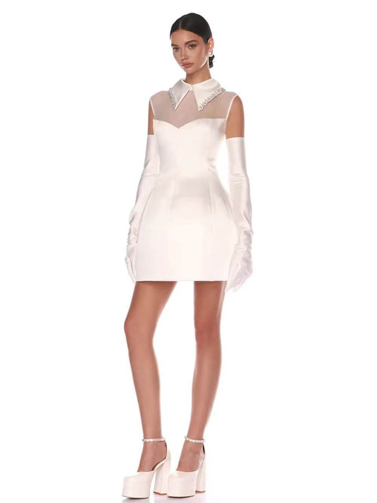 White Pearl Chain Ball Gown Mini Dress With Gloves - REBECATHELABEL