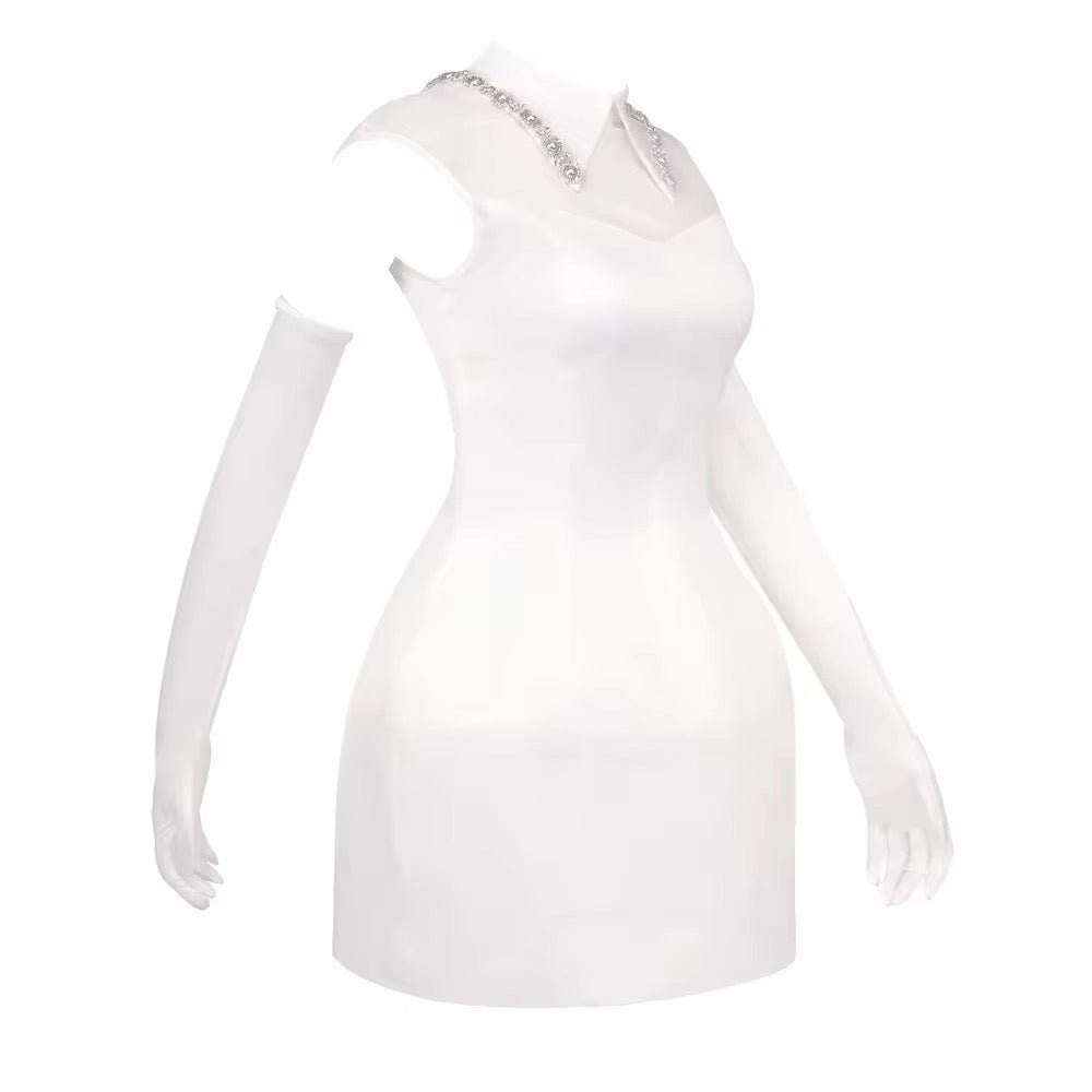 White Pearl Chain Ball Gown Mini Dress With Gloves - REBECATHELABEL