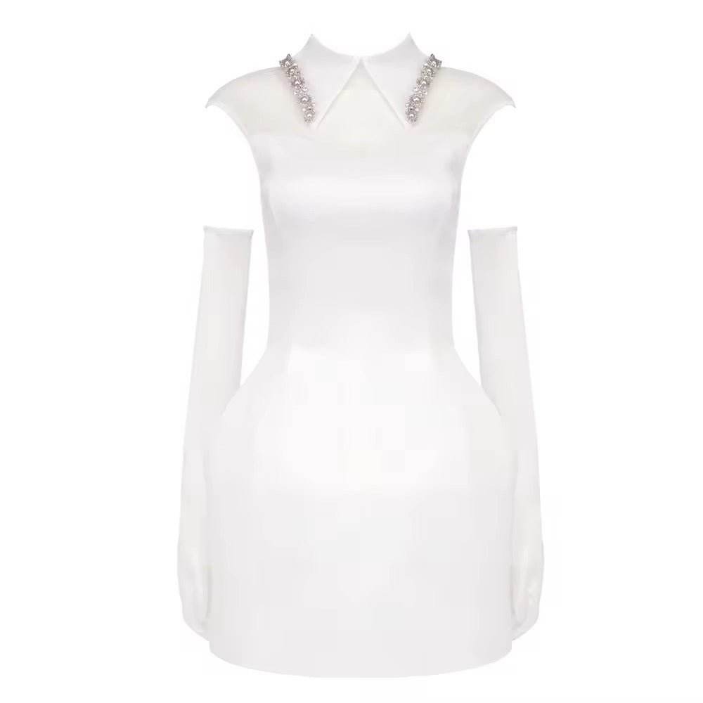 White Pearl Chain Ball Gown Mini Dress With Gloves - REBECATHELABEL