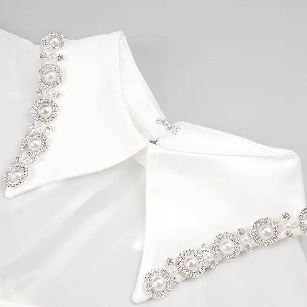 White Pearl Chain Ball Gown Mini Dress With Gloves - REBECATHELABEL