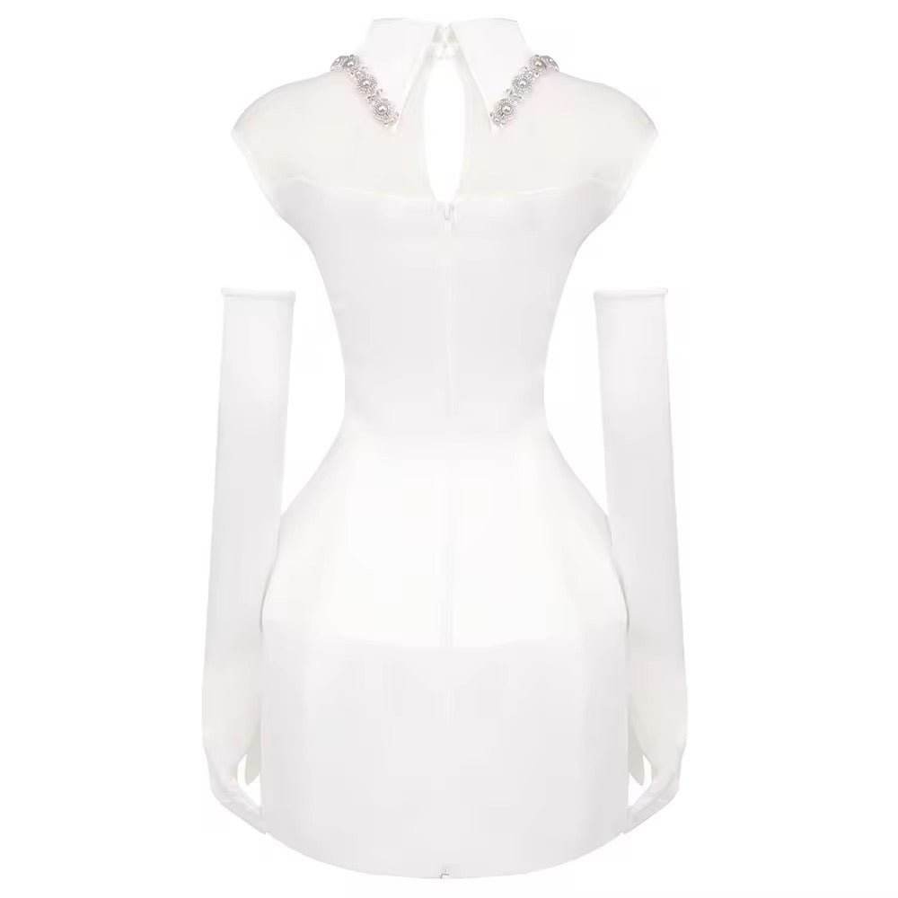 White Pearl Chain Ball Gown Mini Dress With Gloves - REBECATHELABEL