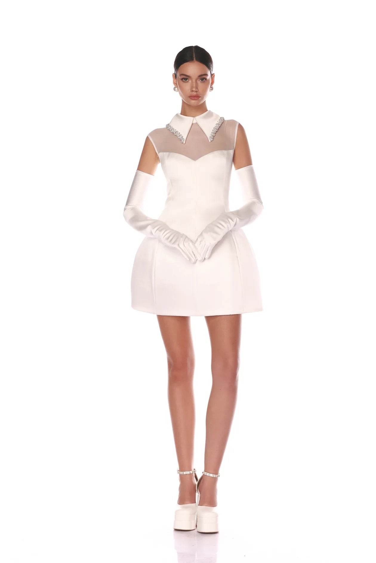 White Pearl Chain Ball Gown Mini Dress With Gloves - REBECATHELABEL