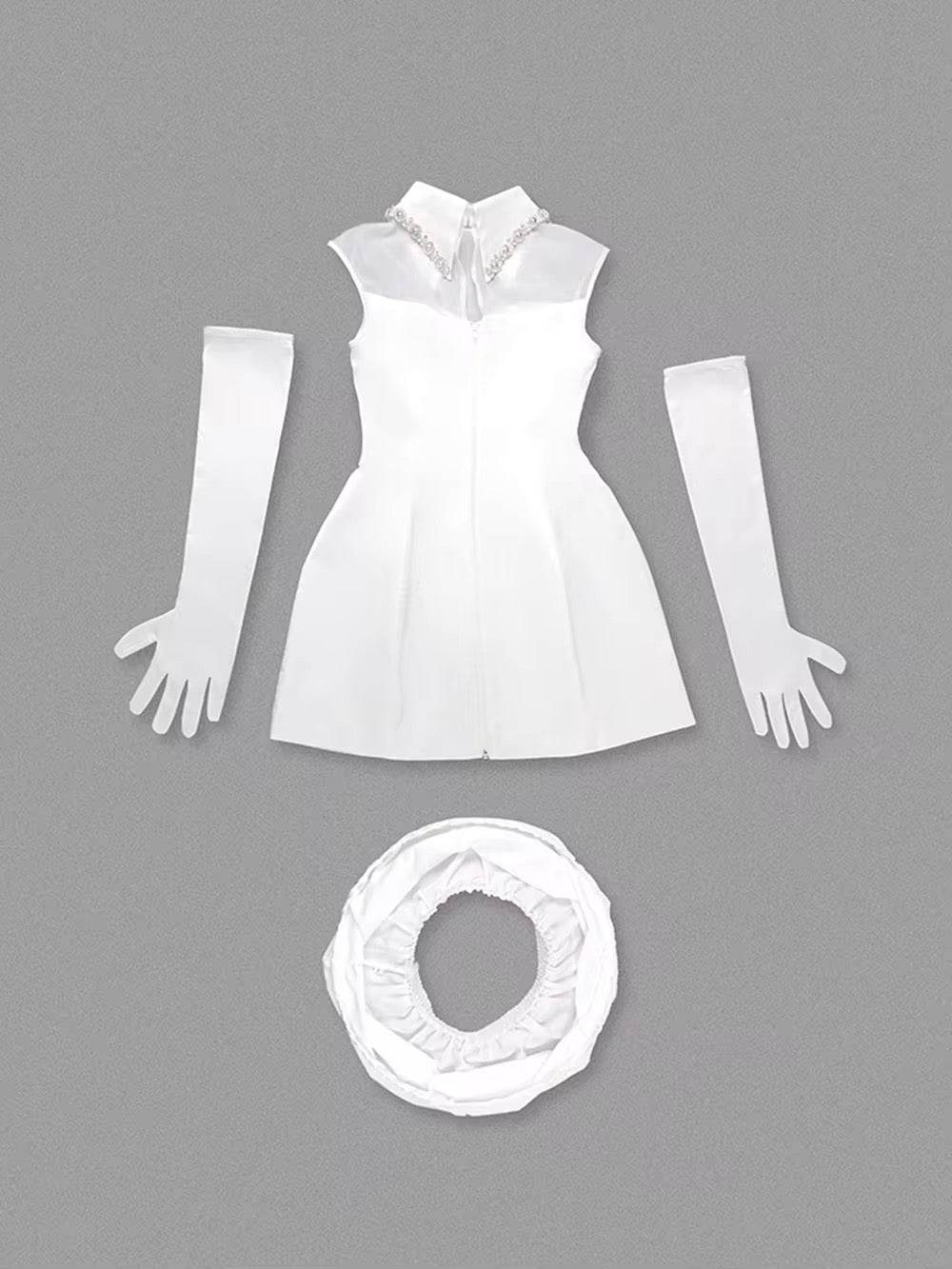 White Pearl Chain Ball Gown Mini Dress With Gloves - REBECATHELABEL