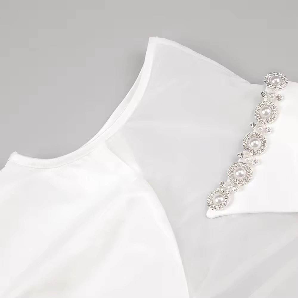 White Pearl Chain Ball Gown Mini Dress With Gloves - REBECATHELABEL