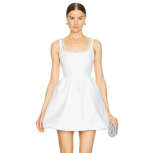 White Sexy Sleeveless A-line Crystal Diamond Decoration Slim fit dress - REBECATHELABEL