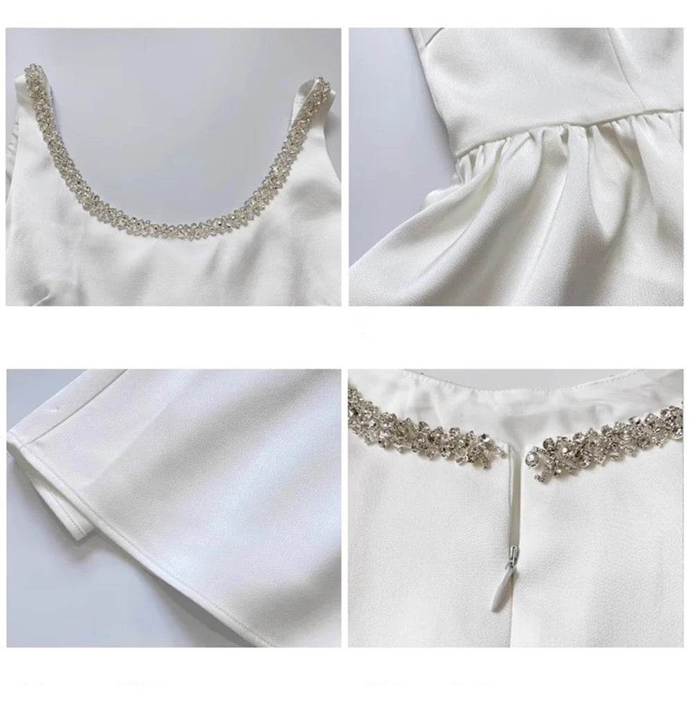 White Sexy Sleeveless A-line Crystal Diamond Decoration Slim fit dress - REBECATHELABEL