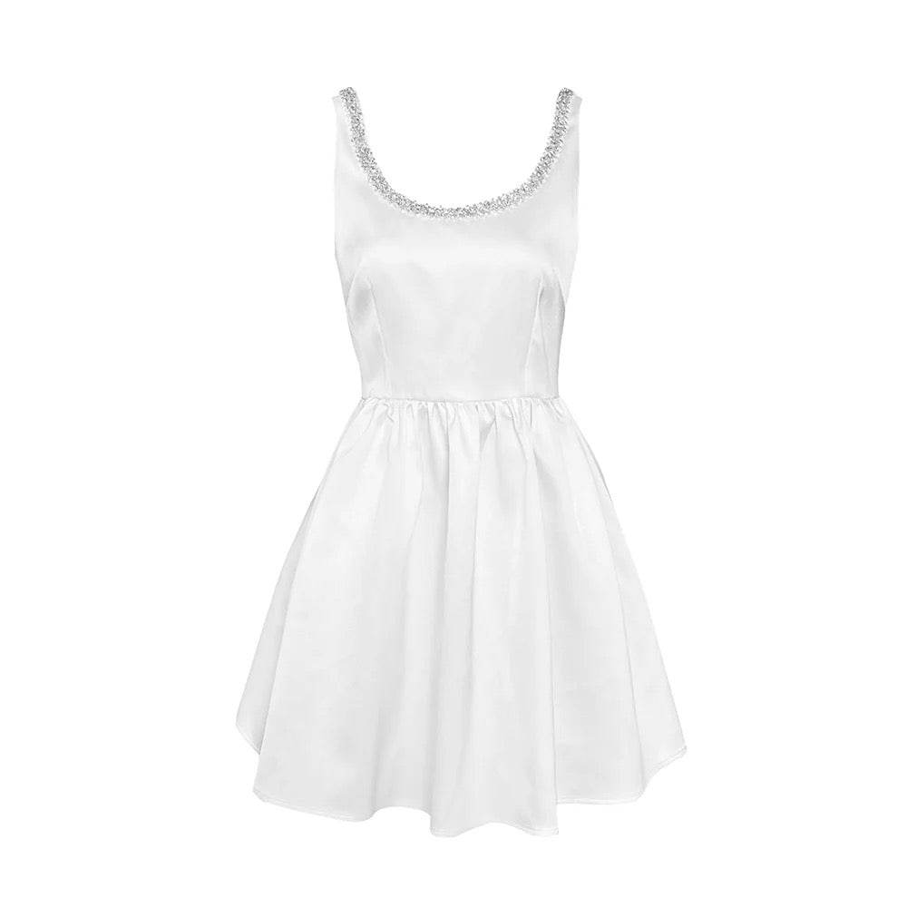 White Sexy Sleeveless A-line Crystal Diamond Decoration Slim fit dress - REBECATHELABEL