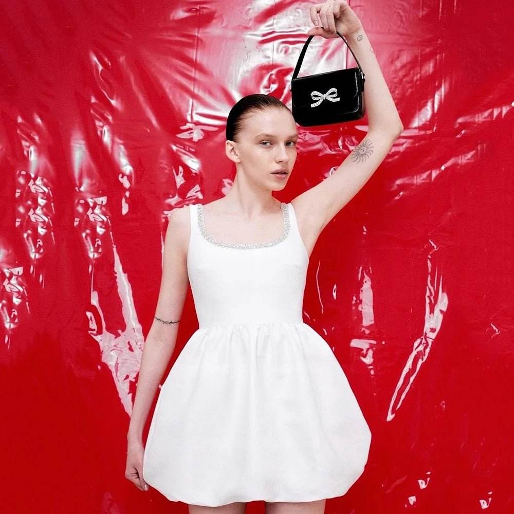 White Sexy Sleeveless A-line Crystal Diamond Decoration Slim fit dress - REBECATHELABEL