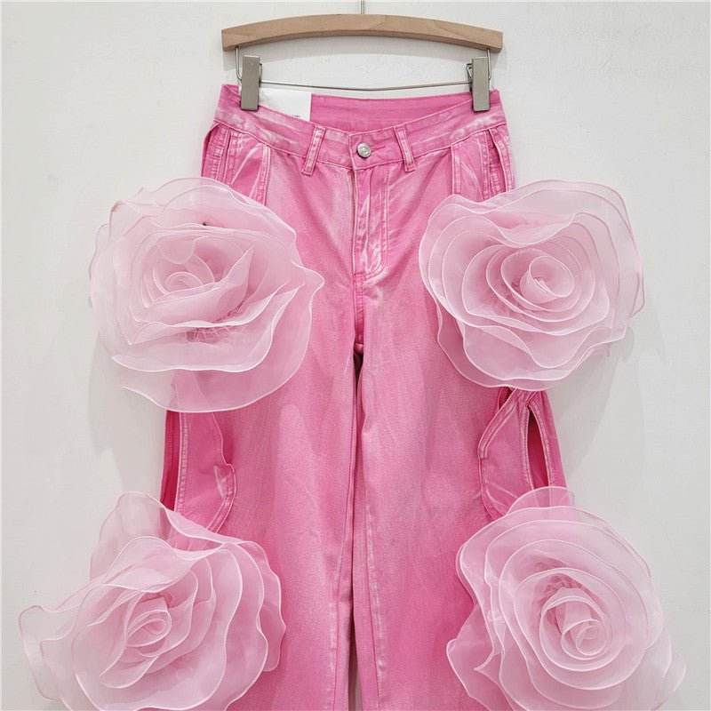 Wide leg flower denim pants - REBECATHELABEL