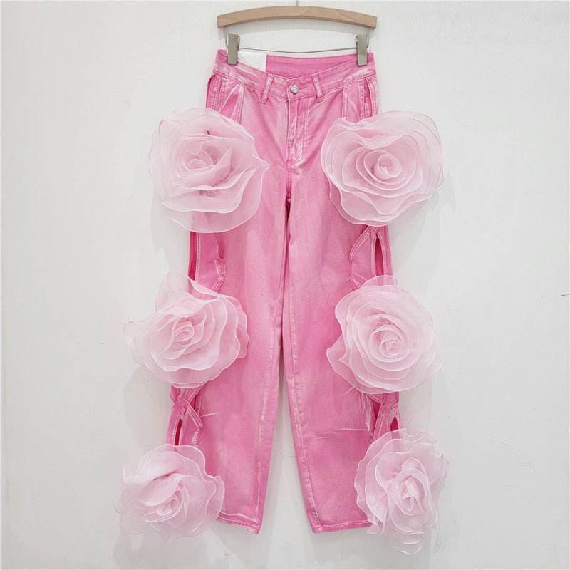 Wide leg flower denim pants - REBECATHELABEL