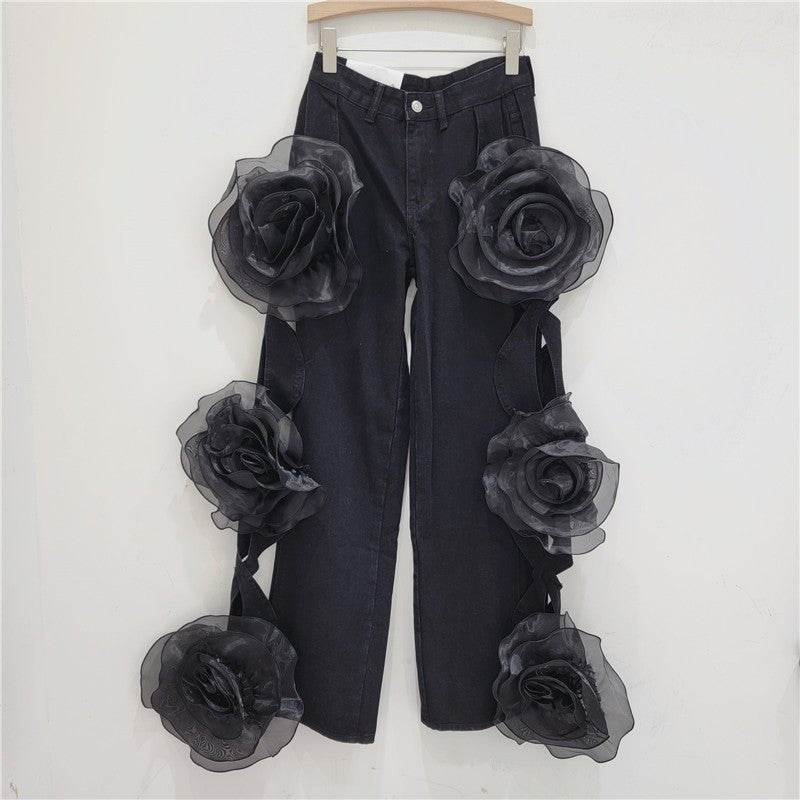 Wide leg flower denim pants - REBECATHELABEL