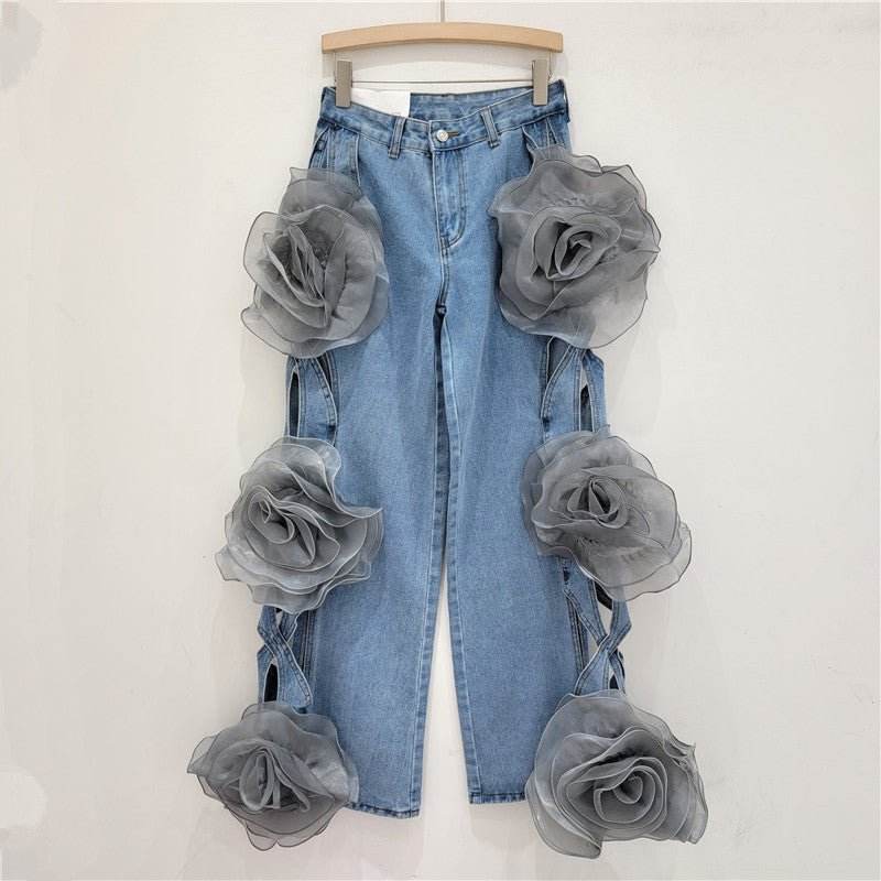 Wide leg flower denim pants - REBECATHELABEL