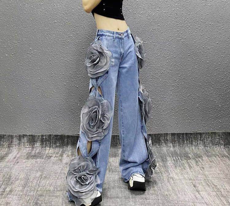 Wide leg flower denim pants - REBECATHELABEL