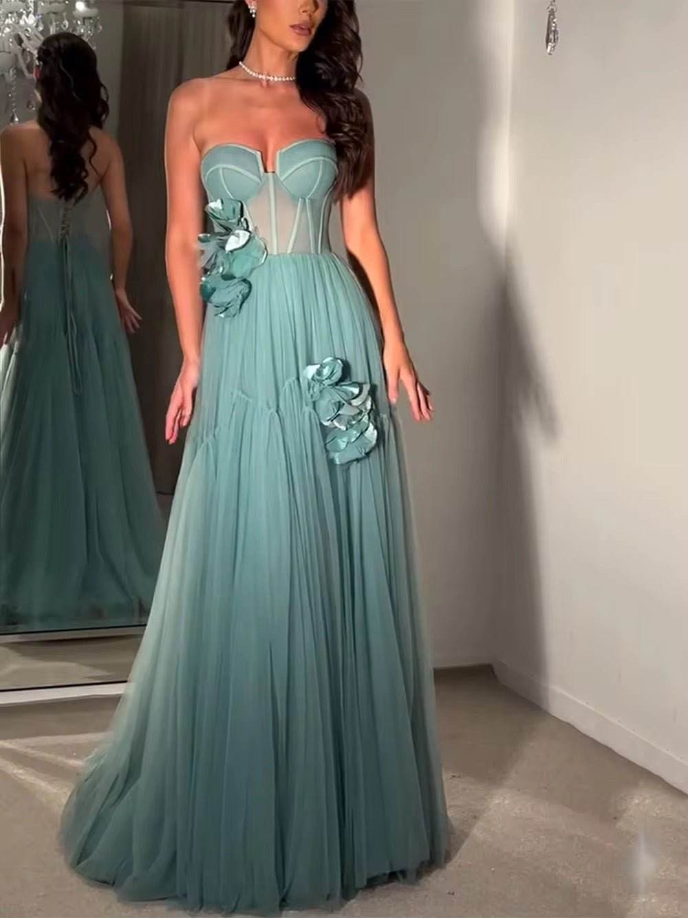 Wrap Chest 3D Flowers Appliques Off Shoulder Sleeveless Slim Maxi dress - REBECATHELABEL