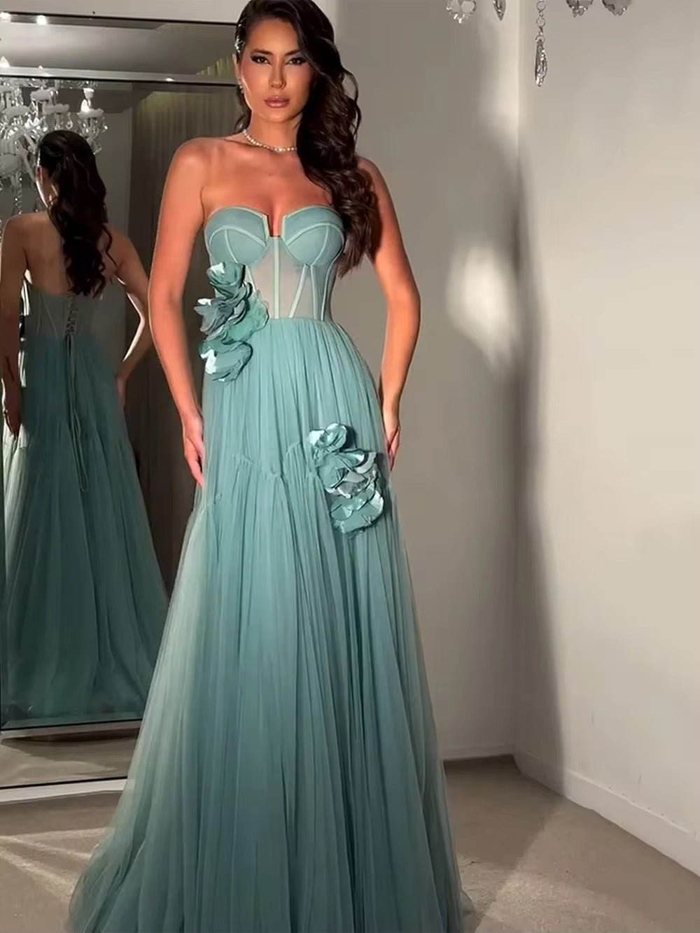 Wrap Chest 3D Flowers Appliques Off Shoulder Sleeveless Slim Maxi dress - REBECATHELABEL