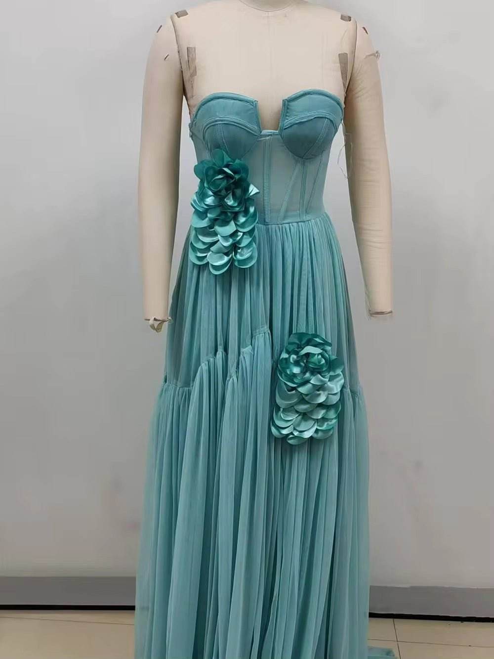 Wrap Chest 3D Flowers Appliques Off Shoulder Sleeveless Slim Maxi dress - REBECATHELABEL