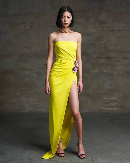 Yellow Sexy Strapless Draped Flower Details High Split Maxi Dress - REBECATHELABEL