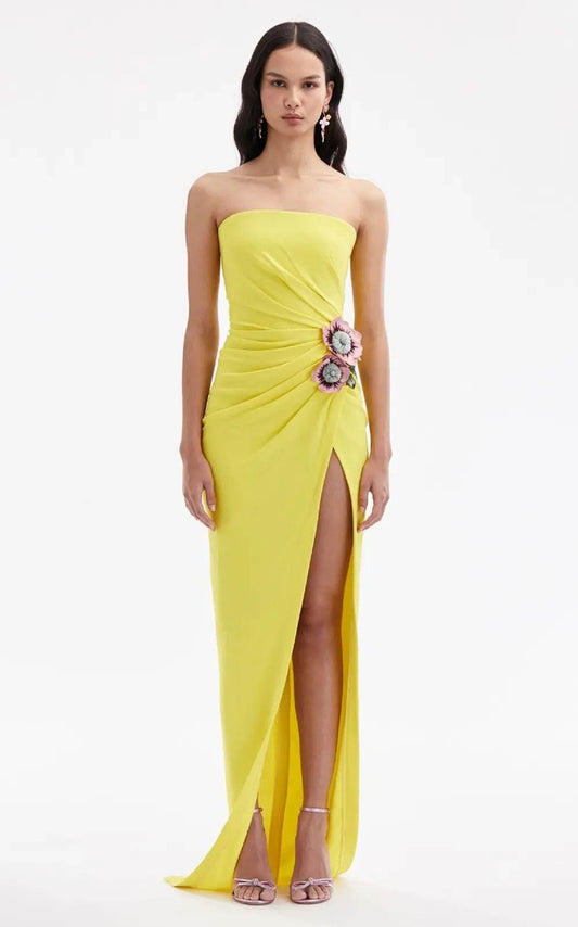 Yellow Sexy Strapless Draped Flower Details High Split Maxi Dress - REBECATHELABEL