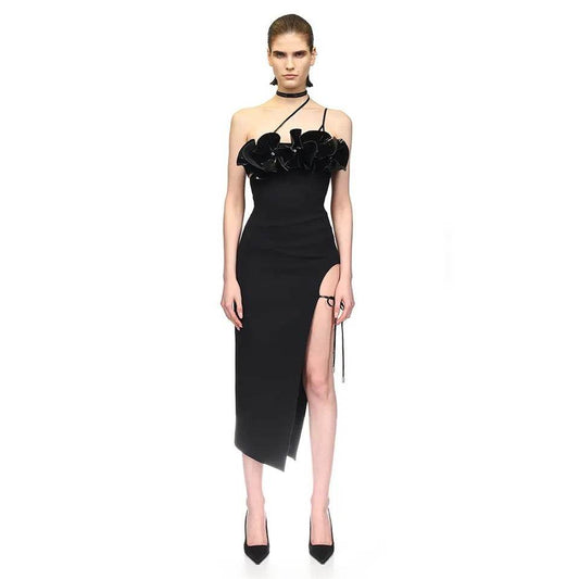 3D Flower Tight High Split Bandage Midi Dress - REBECATHELABEL