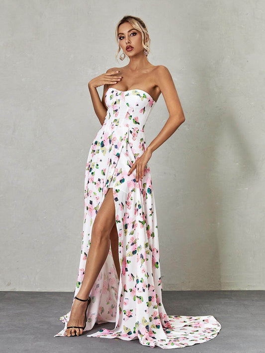 Amanda Strapless Floral Split Maxi Dress - REBECATHELABEL