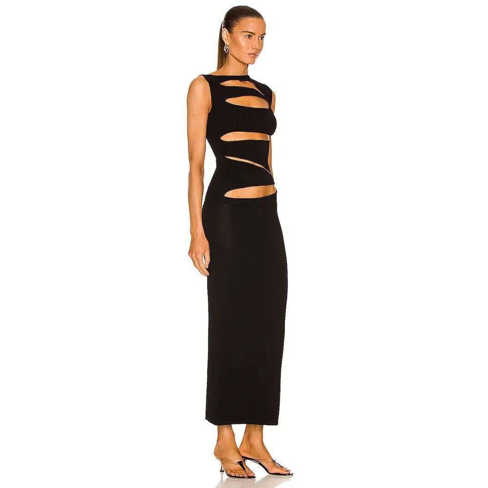 Hollow out Round Neck Tight Bandage Long Dress - REBECATHELABEL