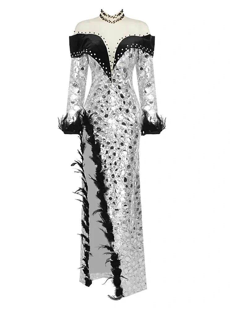 Natali Embellished Plunge Split Gown - REBECATHELABEL