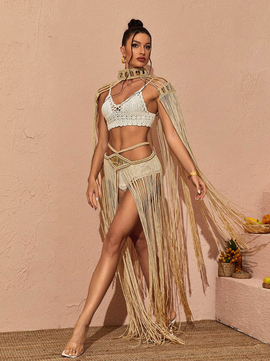 Sabrina Fringe Set In Beige - REBECATHELABEL